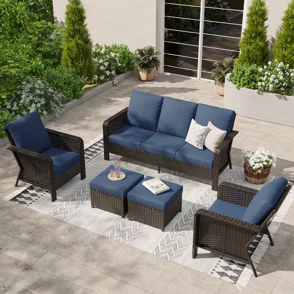 SUGOLD 5-Piece Wicker Patio Conversation Set with 3-Seat Sofa, 2 Swivel Rocking Chairs and 2 Ottomans, Blue Cushions
