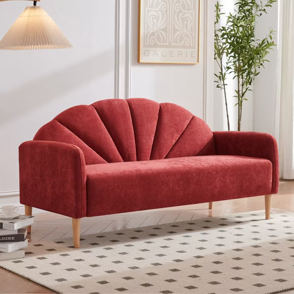 Mid Century Modern 3-Seater Shell Back Sofa - Linen Fabric with Wooden Legs, 6 Colors, Easy Quick Assembly