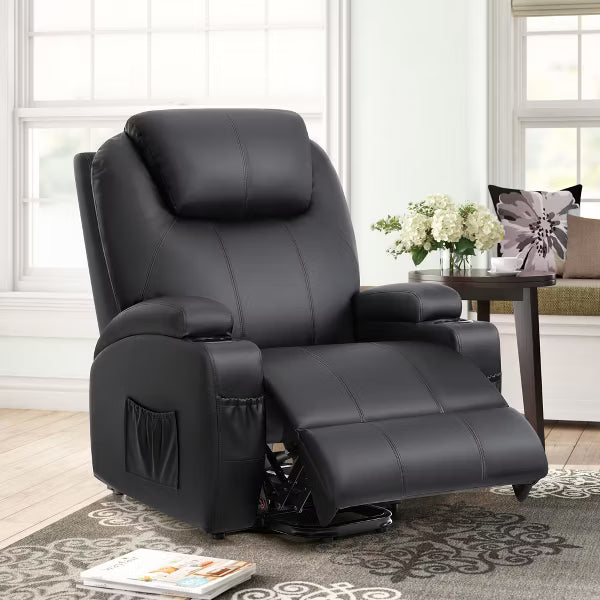 KERDOM Power Lift Recliner Chair for Elderly, PU Leather Electric Recliner with 360° Swivel Base, Cup Holders & Side Pockets,Black
