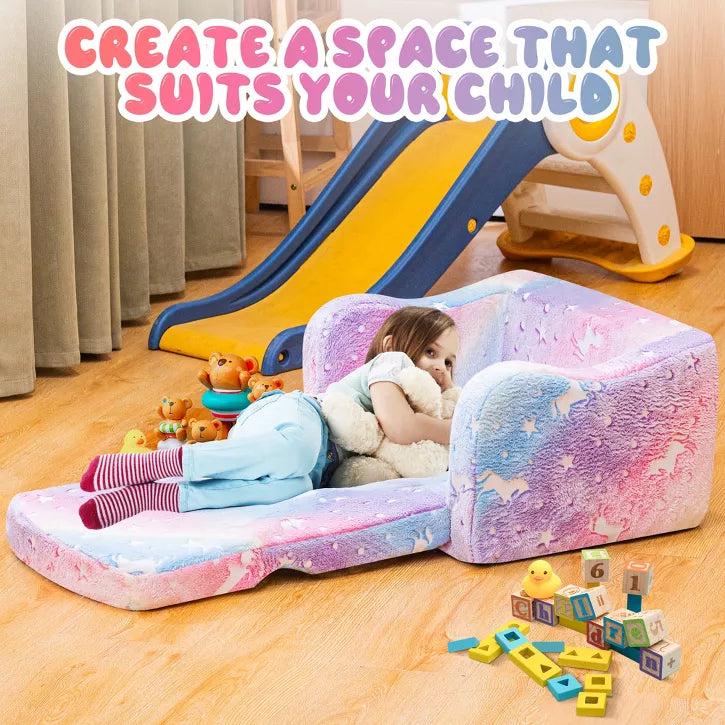 Hooseng Toddler Couch, 2-in-1 Glow-in-The-Dark Plush Kids Fold-Out Sofa, Convertible Kids Sofa to Lounger with Curved Armrests for Boys & Girls