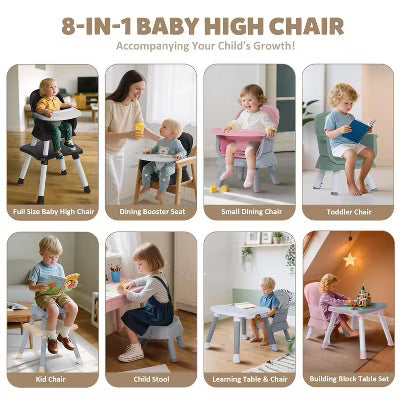 TODECARE Baby High Chair, 8 in 1 Convertible Highchair for Babies & Toddlers, Booster Seat, Toddler Chair with Safety Harness, Removable Tray
