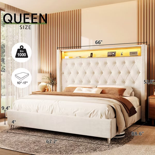 LED Bed Frame,Charging Station and Storage Upholstered Headboard,Velvet.