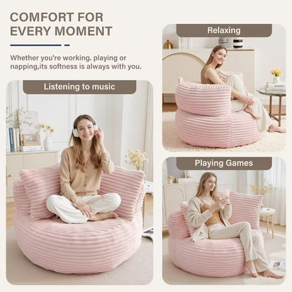 JOYRACER Oversized Corduroy Accent Bean Bag Sofa Chair with 3 Pillows, Lazy Lounge Barrel Chair, Cozy Floor Couch for Bedroom, Living Room & Reading