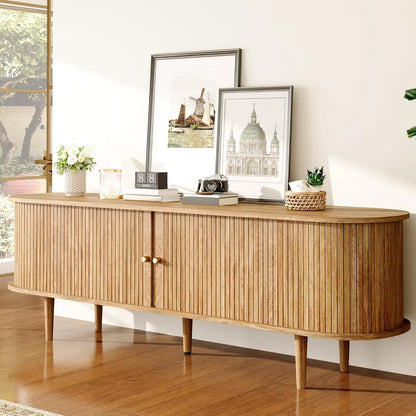 AMERLIFE 70" TV Stand with Solid Wood Legs, Mid Century Modern TV Console with Tambour Door