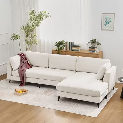 Oversized 3-Seat Chenille Sectional Sofa with Wide Chaise Lounge and One-Piece Seat Cushion, Thick Backrest for Deep Comfort