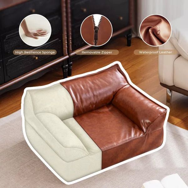ATJafurn 31.5” leather Sofa for Pets with Non-Slip Base, Mid-Century Modern Pet Couch Bed bear up to 50lbs, Brown