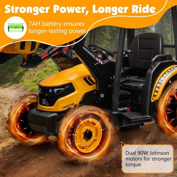 AMERLIFE 24V Kids Ride-On Tractor with Trailer & Front Loader, 3-in-1 Electric Construction Vehicle with Dual Motors, LED Lights & Terrain Wheels