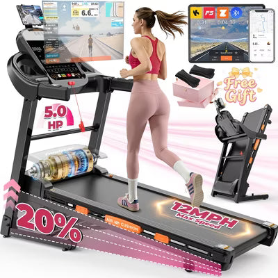 20% Auto Incline Treadmill 5HP, 400LB Treadmill for Home,12MPH Foldable Running Walking Treadmill w/ APP,105 Programs for Varied Intensity Workouts