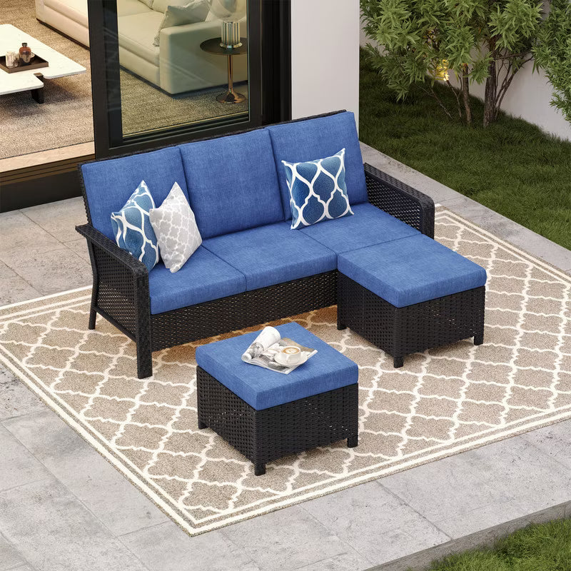 SUGOLD 3-Seat Wicker Patio Conversation Set with 2 Ottomans, Blue Cushions, Outdoor Rattan Furniture for Deck, Porch & Garden