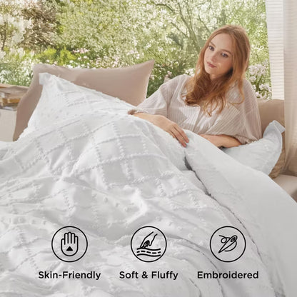 Duvet Cover Set Solid Embroidery 3Pcs King Size White - Bedsure