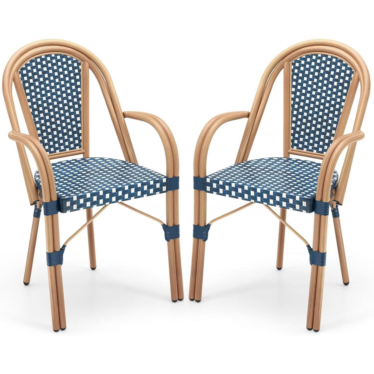 BOSMILLER French Bistro Chairs Set of 2, Hand-Woven PE Rattan Outdoor Armless Dining Chairs with Metal Frame for Garden Balcony, White/Black