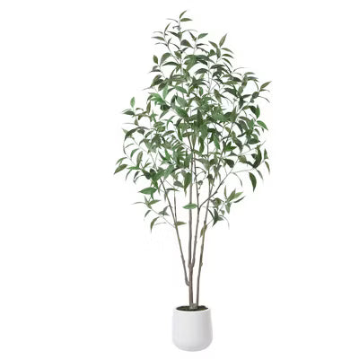 DR.Planzen 7FT Faux Eucalyptus Tree with Round White Planter, Pre Potted fake Eucalyptus Trees for Home Decor
