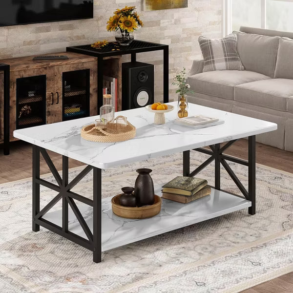 Hooseng Coffee Table for Living Room with Round Corners, 2 Tier Rectangular Center Table with Storage Shelf for Small Spaces