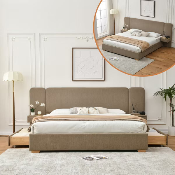 King Size Upholstered Platform Bed with Integrated Nightstands 2 Spacious Storage Drawers,Carbon Steel Frame,No Box Spring Needed,Easy Assembly,Brown