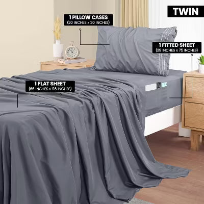 Hoey Twin Size 3-Piece Microfiber Sheet Set ¨C Deep Pocket Bed Sheets with Embroidered Pillowcase (Gray)