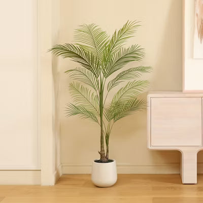 DR.Planzen 5FT Faux Palm Trees with Oval White Planter, Pre Potted Fake Greenry Palm Tree for Home Decor