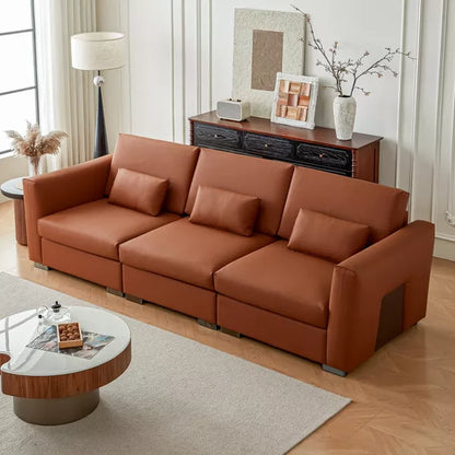 ATJafurn Mid Century Modern Sectional Leather Couch, Orange Genuine Leather Sofa with Metal Legs 2 Pillows Deep Seat for Living Room