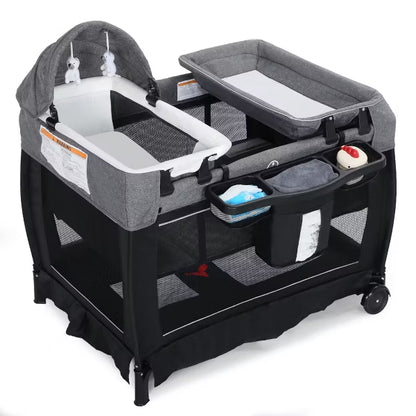 Kinder King 4-in-1 Convertible Baby Playard with Bassinet, Diaper Changer, Cradle&Bedside Sleeper, Breathable Mesh, Storage Organizer&Lockable Wheels