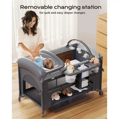 BabyBond All in 1 Baby Bassinet Bedside Crib Portable Large Playard Pack and Play with Mattress, Mosquito Net, Bottom Storage