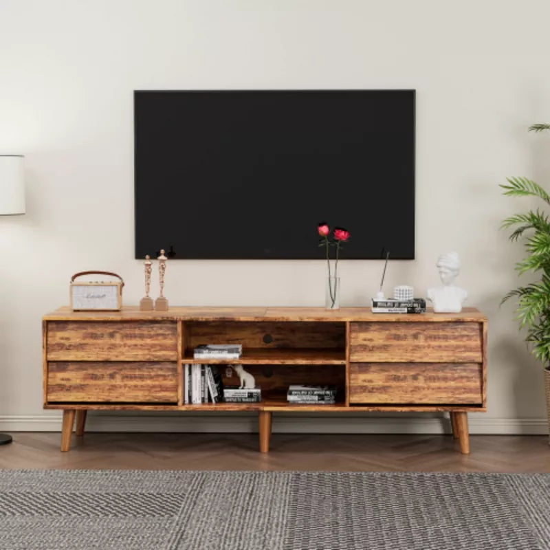 Hooseng TV Stand, Entertainment Center with Two Open Storage and 4 Drawers, Compartments TV Console Media Cabinet, TV Console Table for Living Room