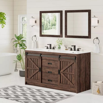 AMERLIFE Double Farmhouse Bathroom Vanity with Sink, with Sliding Doors & Drawers