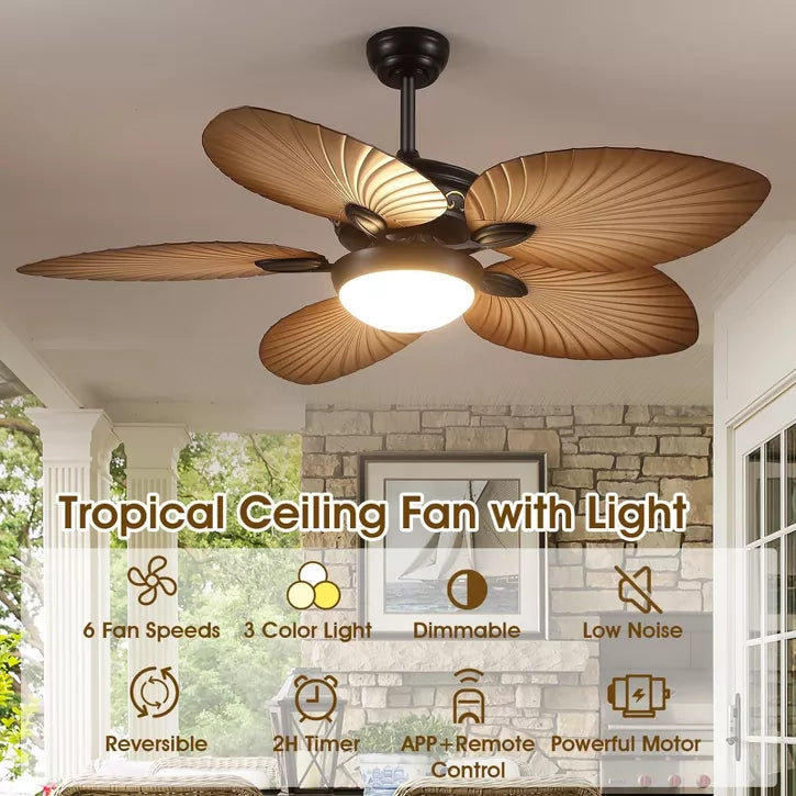 Kviflon 52 Inch Tropical Ceiling Fan with Dimmable LED Light and Remote Control, Palm Leaf Blades, Indoor/Outdoor, Reversible Motor, 6 Speeds