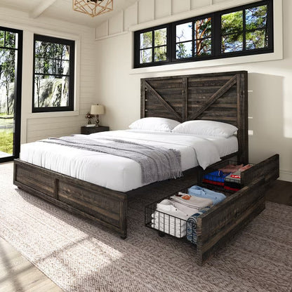 48.8" H Bed Frame with 4 Storage Drawers, Barn Door Headboard, Rustic Wood Grain, No Box Spring Needed