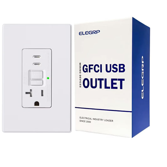 ELEGRP GFCI Outlet & USB Charger 24W combo Receptacle, 2-Type C, 20A Tamper Resistant Self-Test,w/Screwless Wall Plate, UL & CUL Listed, White,1 PC
