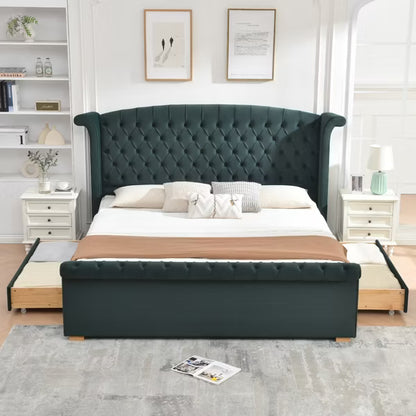Upholstered Sleigh Bed with 2 Storage Drawers,Elegant Curved Headboard&Footboard,Soft Velvet,No Box Spring Needed,Easy Assembly