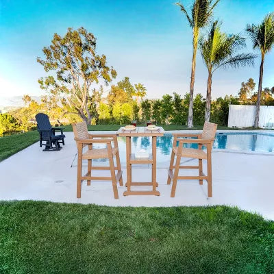 Fortune Candy 3 PCS Outdoor Bar Set, Poly Lumber (HIPS) with PE Rattan Back & Seat, Teak Finish, for Patio, Poolside & Balcony