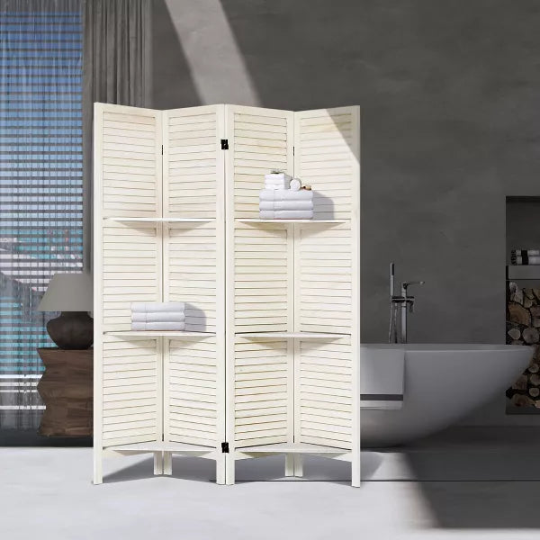Wooakway 4 Panel Wood Room Divider with Shelves, Folding Privacy Screen, Room Separators Divider Wall