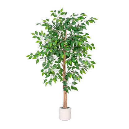 Romswi 5FT 6FT Artificial Ficus Tree with White Planter, Realistic Leaves, Natural Wood Trunk, Faux Greenry Plant, Indoor Home Office Decor 5-FT