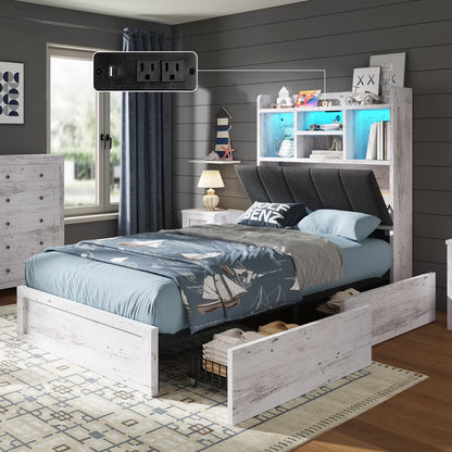 AMERLIFE LED Bed with 4 Storage Drawers, Bookcase Headboard and Charging Station