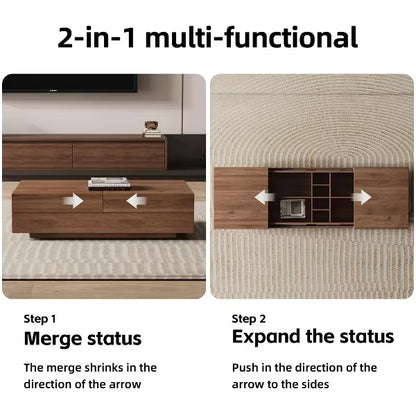 Luck Live Mid-Century Modern 39.4 in Living room retractable, pull-push square coffee table, with storage cabinet, walnut color