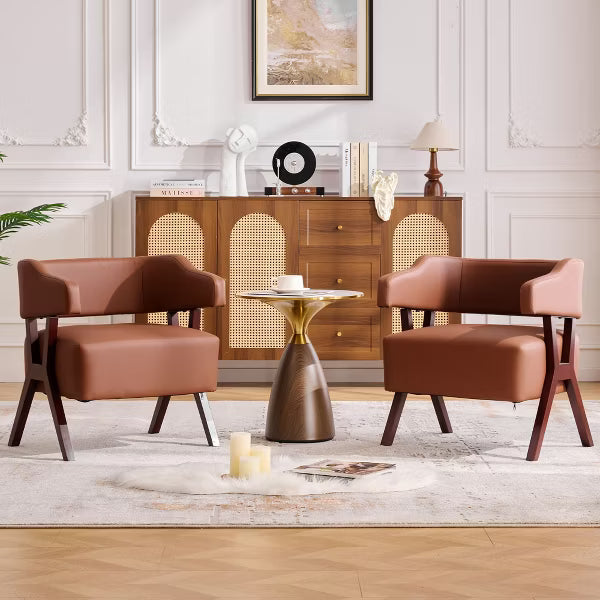 TYBOATLE Faux Leather Accent Chairs, Mid Century Modern Armchairs, Set of 2, Brown