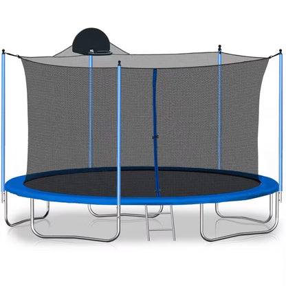 ELJGET 12 ft Trampoline for Adults/Kids with Safety Enclosure Net, Basketball Hoop & Ladder, Heavy Duty Outdoor Recreational Trampolines, Blue