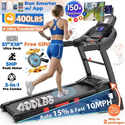 5HP Foldable Treadmill for Home w/ 15% Auto Incline, 400lbs Capacity, 10MPH Portable Treadmill, 64+7 Programs, Personalized Workout with APP