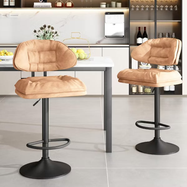 Hooseng Upholstered Bar Stool Set of 2, Liftable Counter Height Bar Stools with Black Metal Legs, Backrest and Footrest