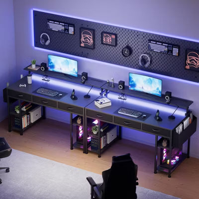 KOLIGEY Black Gaming Desk with LED Lights and Power Outlets, 55 Inch Computer Desk with 3 Drawers and Adjustable Monitor Stand
