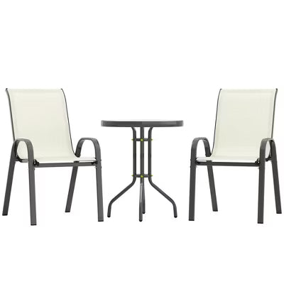 Resenkos 3 Pieces Bistro Set, Small Patio Furniture Set with Stackable Chairs and Glass Table for Backyard, Balcony, Beige