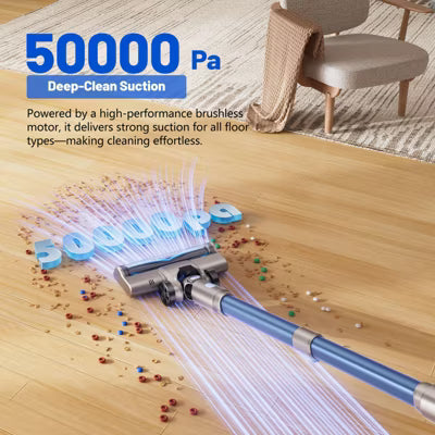 Teendow Cordless Vacuum Cleaner,50KPa Lightweight Stick Vacuum with Water Tank, 300W Brushless Motor,Self-Standing Design,Hardwood Floor Vacuum,Blue
