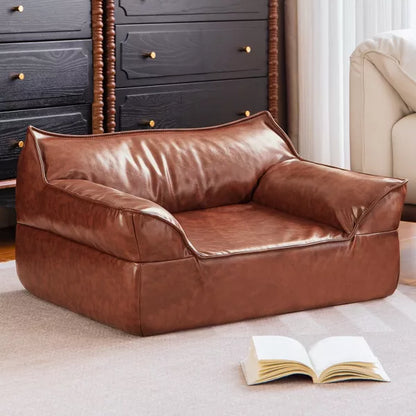 ATJafurn 31.5” leather Sofa for Pets with Non-Slip Base, Mid-Century Modern Pet Couch Bed bear up to 50lbs, Brown