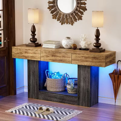 PAKASEPT 63" Farmhouse Long Console Table with 3 Drawers, Entryway Table with LED Lights and Hidden Storage, for Hallway, Living Room
