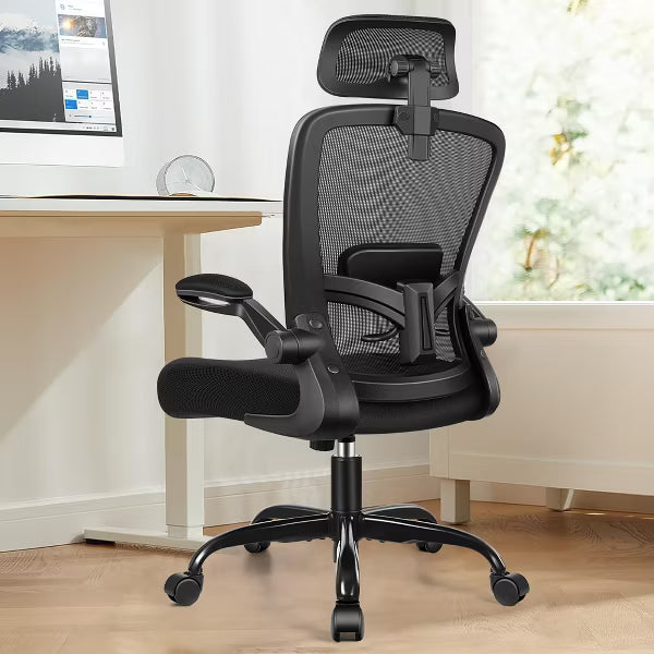 KERDOM Headrest Desk Chair with Adjustable Lumbar Support, Home Office Swivel Task Chair with High Back and Armrest, Black