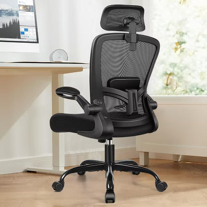 KERDOM Headrest Desk Chair with Adjustable Lumbar Support, Home Office Swivel Task Chair with High Back and Armrest, Black
