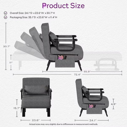 TYBOATLE Convertible Chair Bed Sleeper for Adults with 5-Position Adjustable Backrest & Pillow, Comfy Single Futon Sofa Bed for Apartment Office, Gray