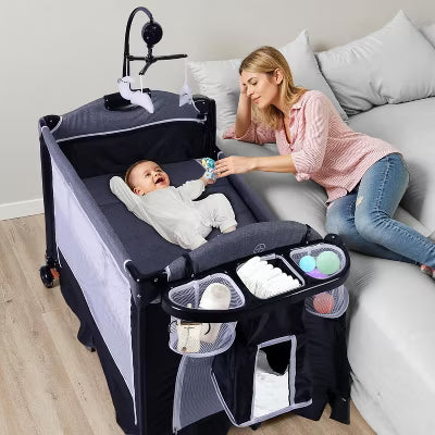 TODECARE 4 in 1 Pack and Play, Multifunction Baby Bassinet Bedside Crib, Portable Baby Nursery Playard w/Changing Table, Storage Basket