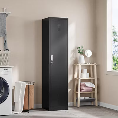 Mlezan Broom Closet Cabinet: Black Metal Storage for Brooms, Mops & Cleaning Supplies. Ideal for Garage, Laundry Room, or Bathroom Organization.