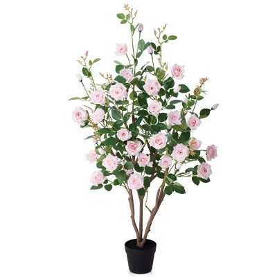 4ft Artificial Rose Tree - Realistic Pink Flower Silk Fake Plants for Indoor Outdoor Decor - UV Resistant Faux Potted Tree for Spring Summer