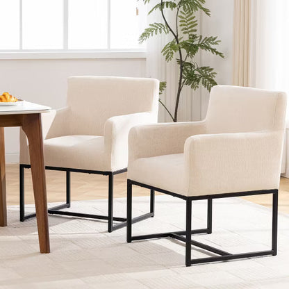 KERDOM Set of 2 Upholstered Dining Chairs with Arms, Modern Accent Chairs with Black Metal Base, 250 lbs Capacity,Beige